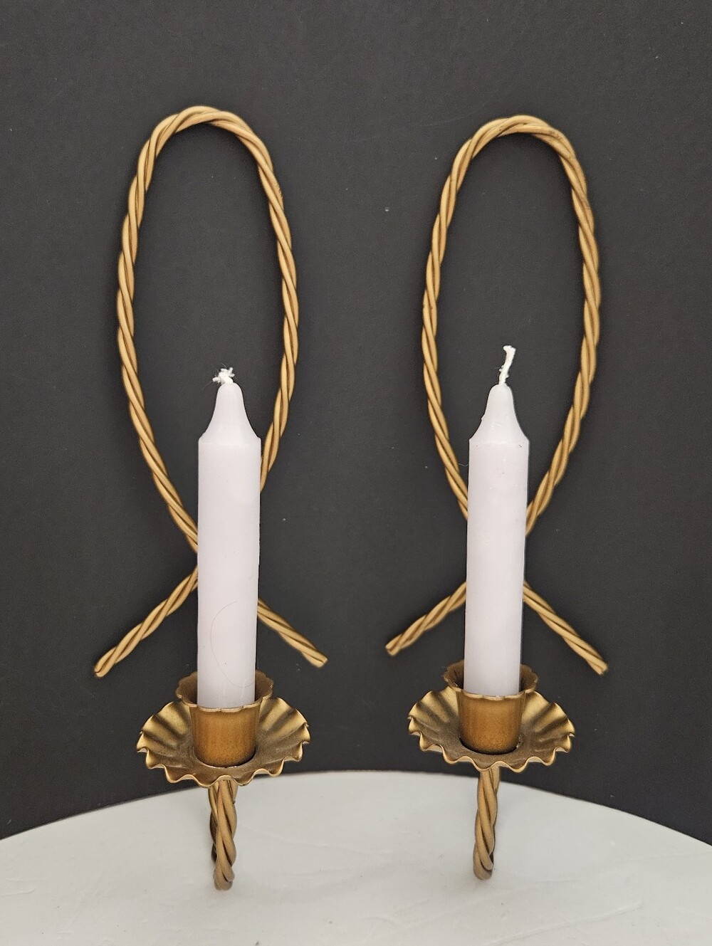 Vintage Homco Gold Metal Twisted Rope Wall Candle Sconces Pair